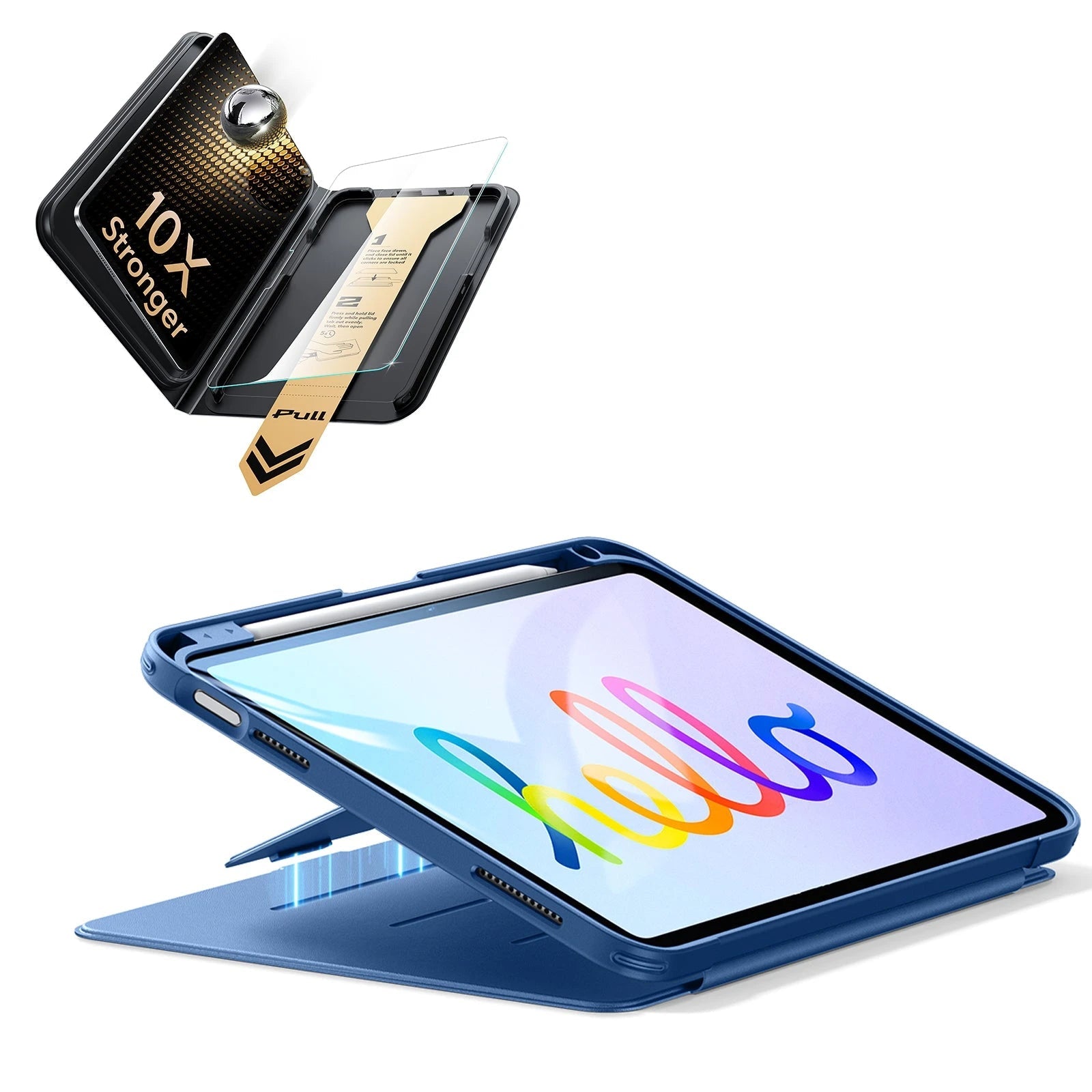 iPad 11" (A16) 2025 Bundle Flip Magnetic Case (Pencil Holder) & Armorite® Pro Screen Protector With UltraFit Tray - Navy Blue