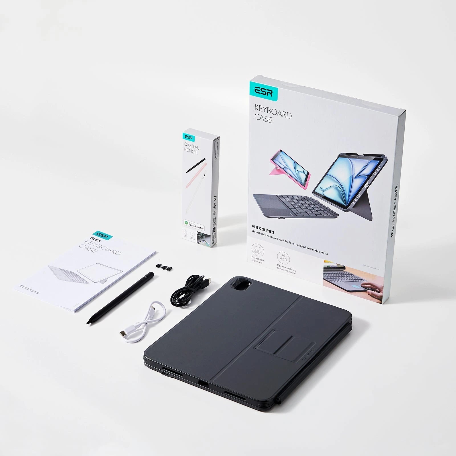 iPad 11" (A16) 2025 Flex Keyboard Case (Detachable) With Geo Pencil Bundle  - UK Layout With Black Pencil ESR ESR