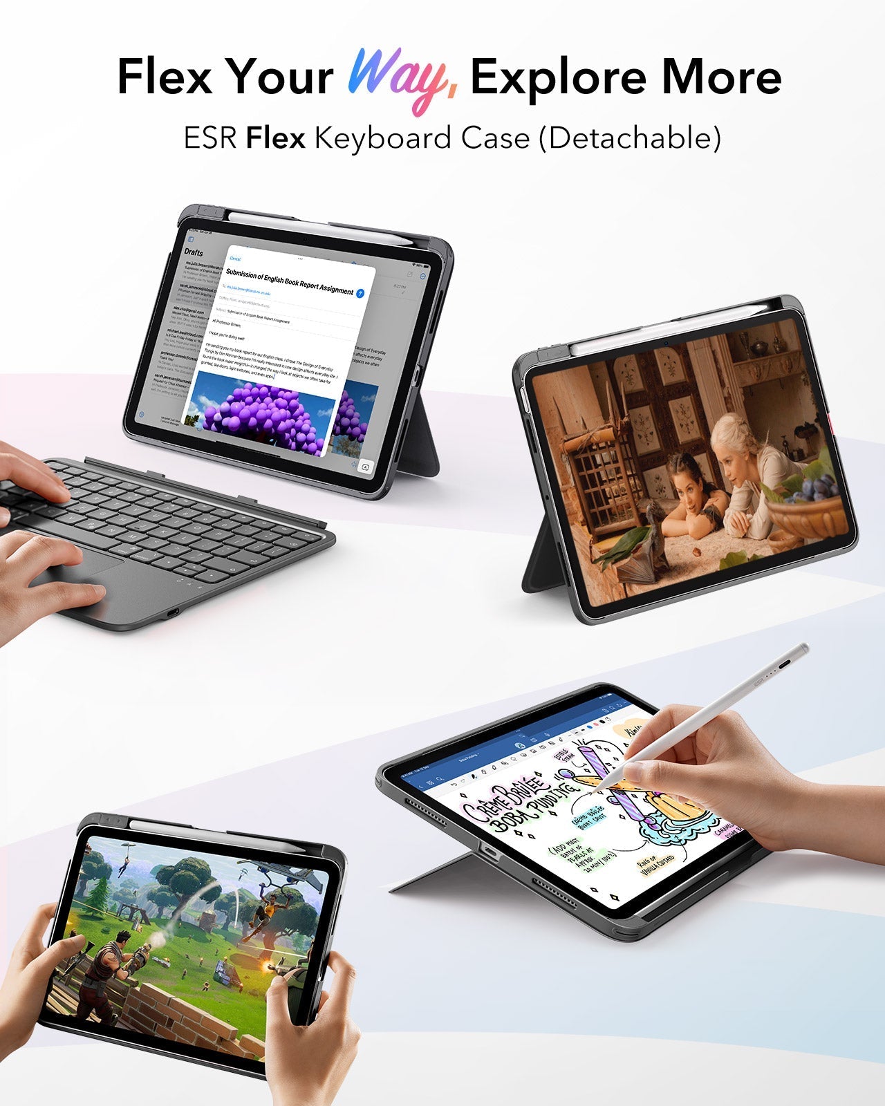 iPad 11" (A16) 2025 Flex Tastaturhülle (abnehmbar) mit Digital Pencil Bundle - DE-Layout Dunkelgrau mit dunkel-silbernem Pencil ESR ESR