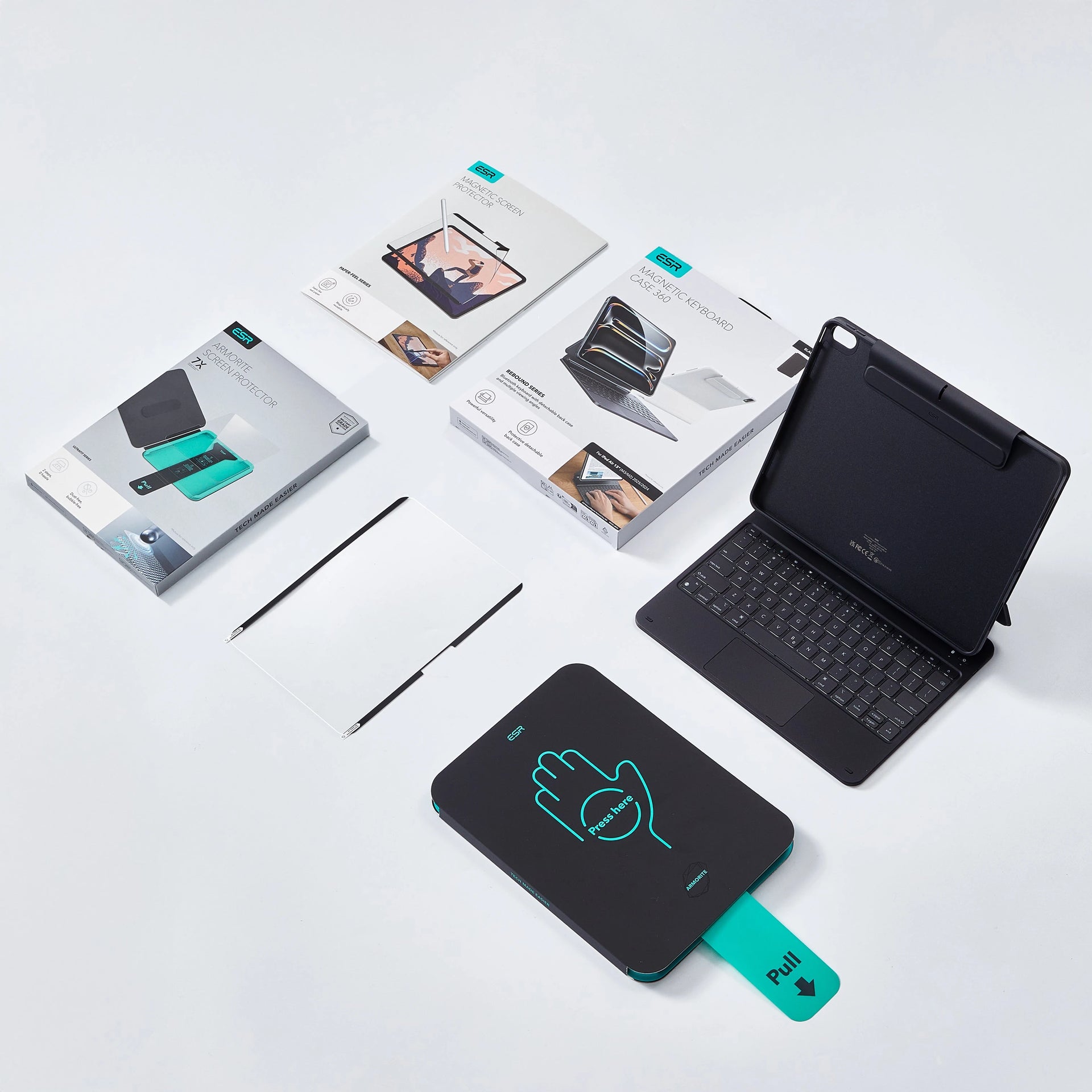 Lieferumfang:
1 Tastaturhülle, 2 Armorite Displayschutzgläser, 1 magnetischer Paper-Feel Displayschutz