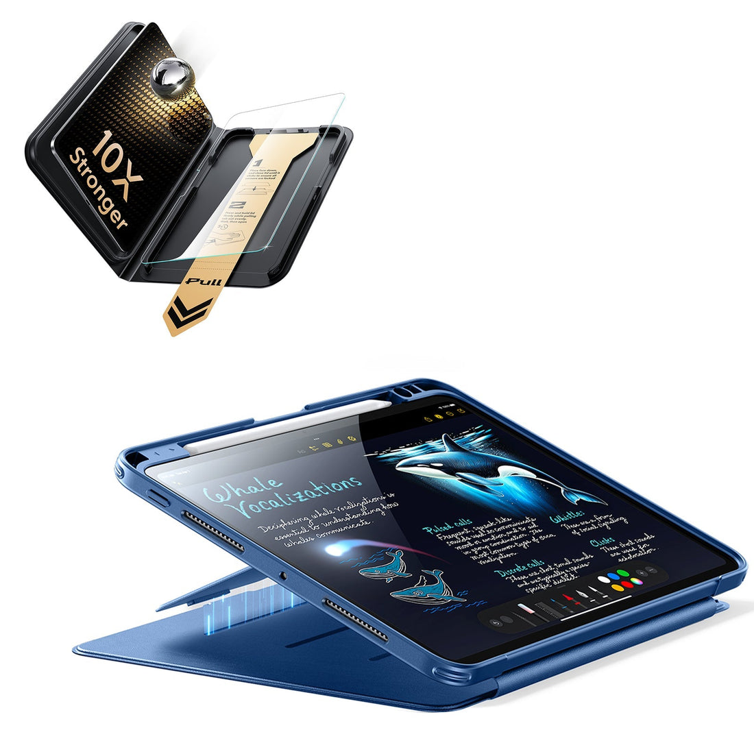 iPad Pro 13" (M5) 2025 Bundle Flip Magnetic Case (Pencil Holder) & Armorite Pro Screen Protector With UltraFit Tray - Navy Blue