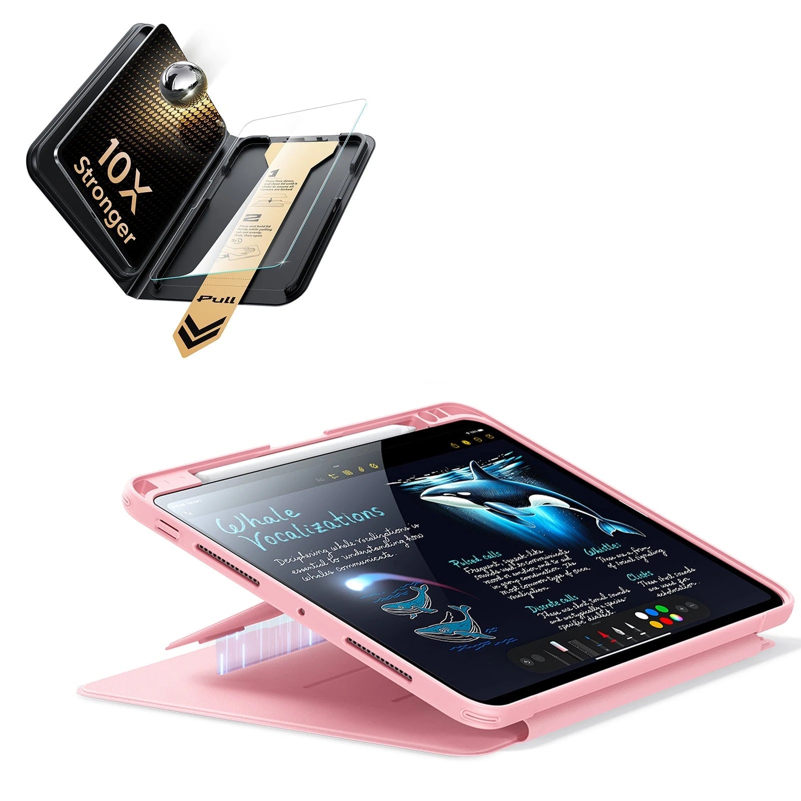 iPad Pro 13" (M5) 2025 Bundle Flip Magnetic Case (Pencil Holder) & Armorite Pro Screen Protector With UltraFit Tray - Pink