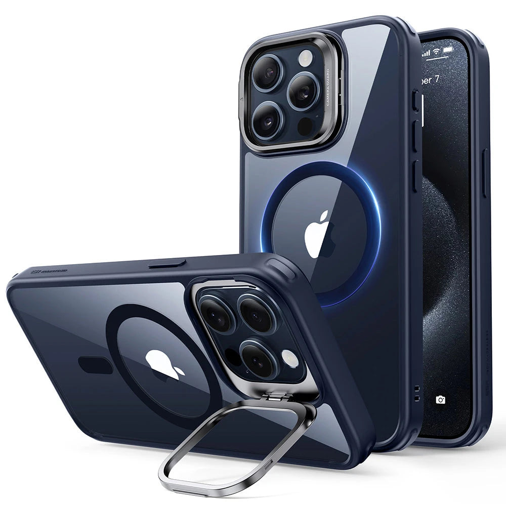 Clear Dark Blue iPhone 15 Pro Slim Magsafe Case with Stand