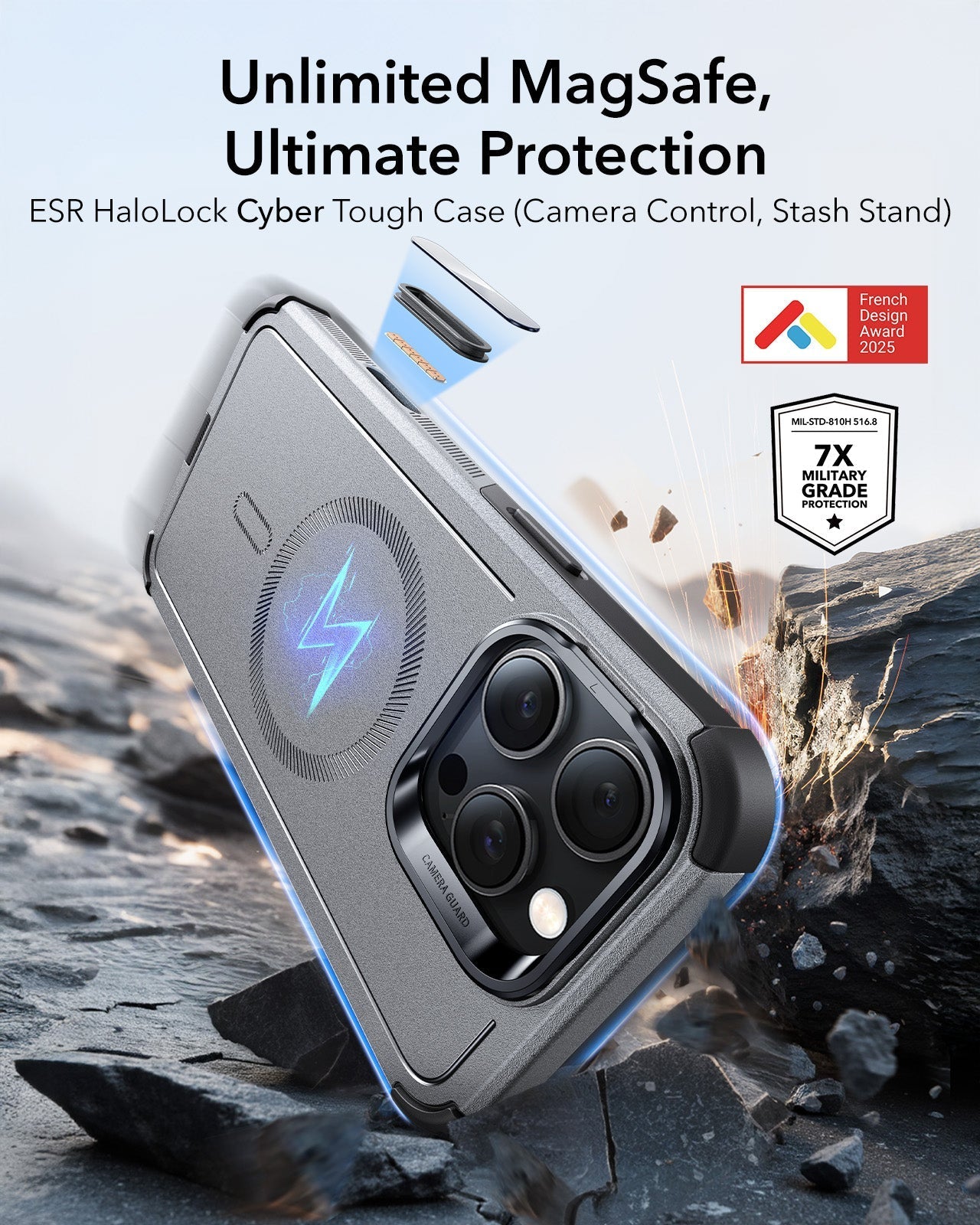 ESR iPhone 16 Pro Max Cyber Tough Magsafe Case with Stand Titanium 