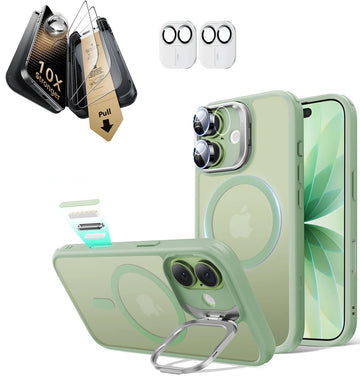 iPhone 17 Classic Hybrid Magsafe Case with Stand & Corning Glass Screen Protector Bundle Frosted Light Green