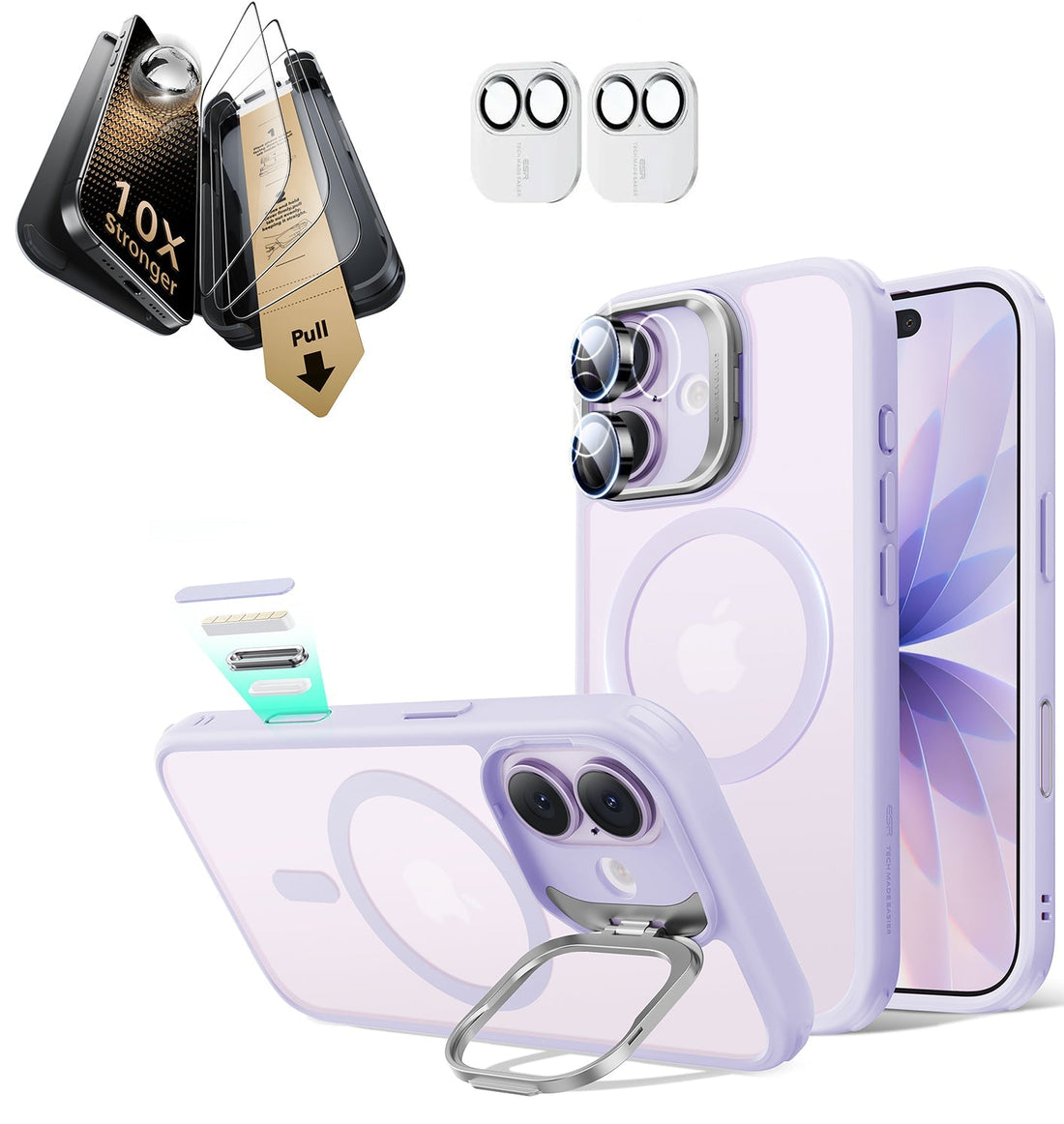 iPhone 17 Classic Hybrid Magsafe Case with Stand & Corning Glass Screen Protector Bundle Frosted Light Purple
