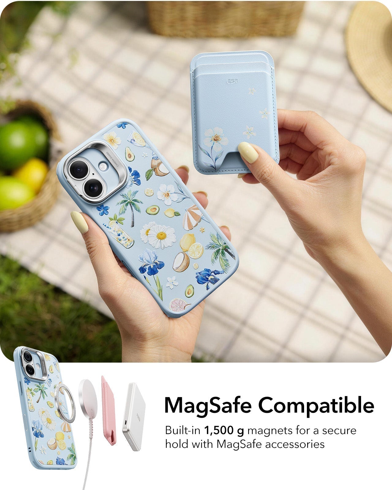 ESR Blue Floral iPhone 17 Magsafe Case with Stand MagSafe Compatible