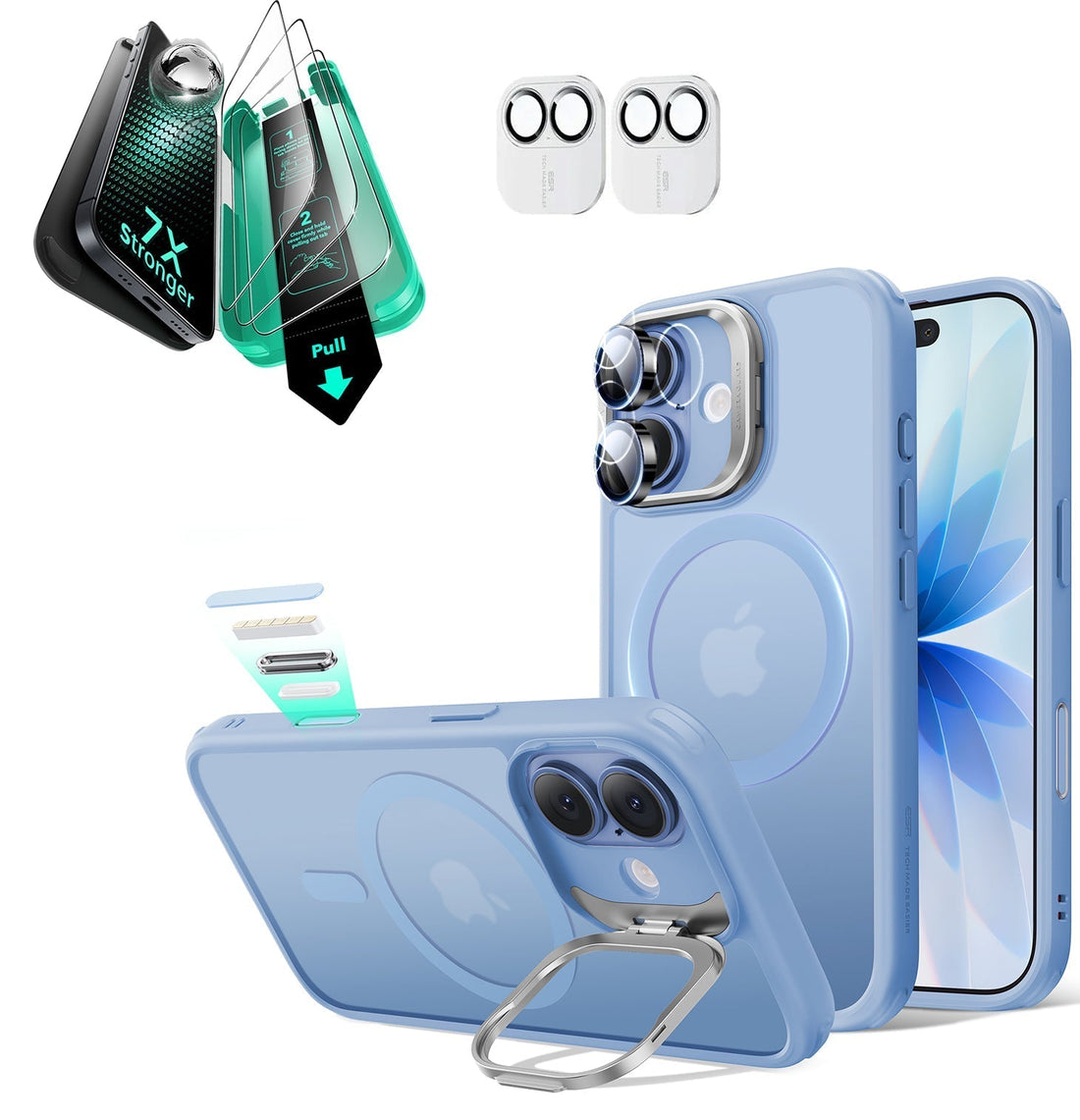 iPhone 17 Classic Hybrid Magsafe Case with Stand & Armorite Screen Protector Bundle Frosted Light Blue