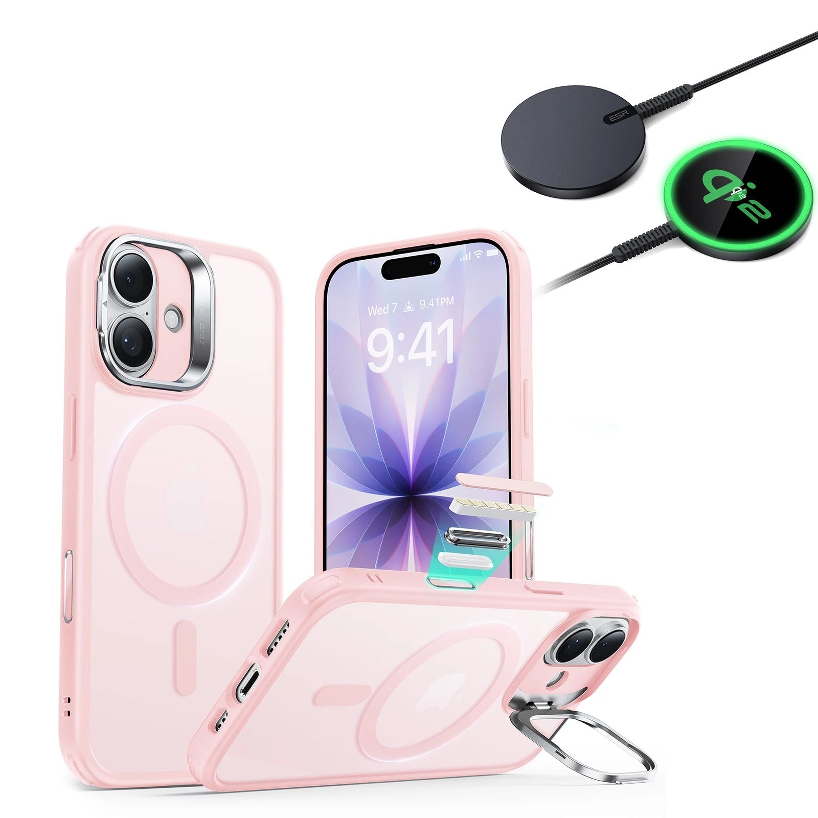 iPhone 17 Classic Hybrid Magsafe Case With Stand  and Qi2 Wireless Charger Frosted Bubblegum Pink