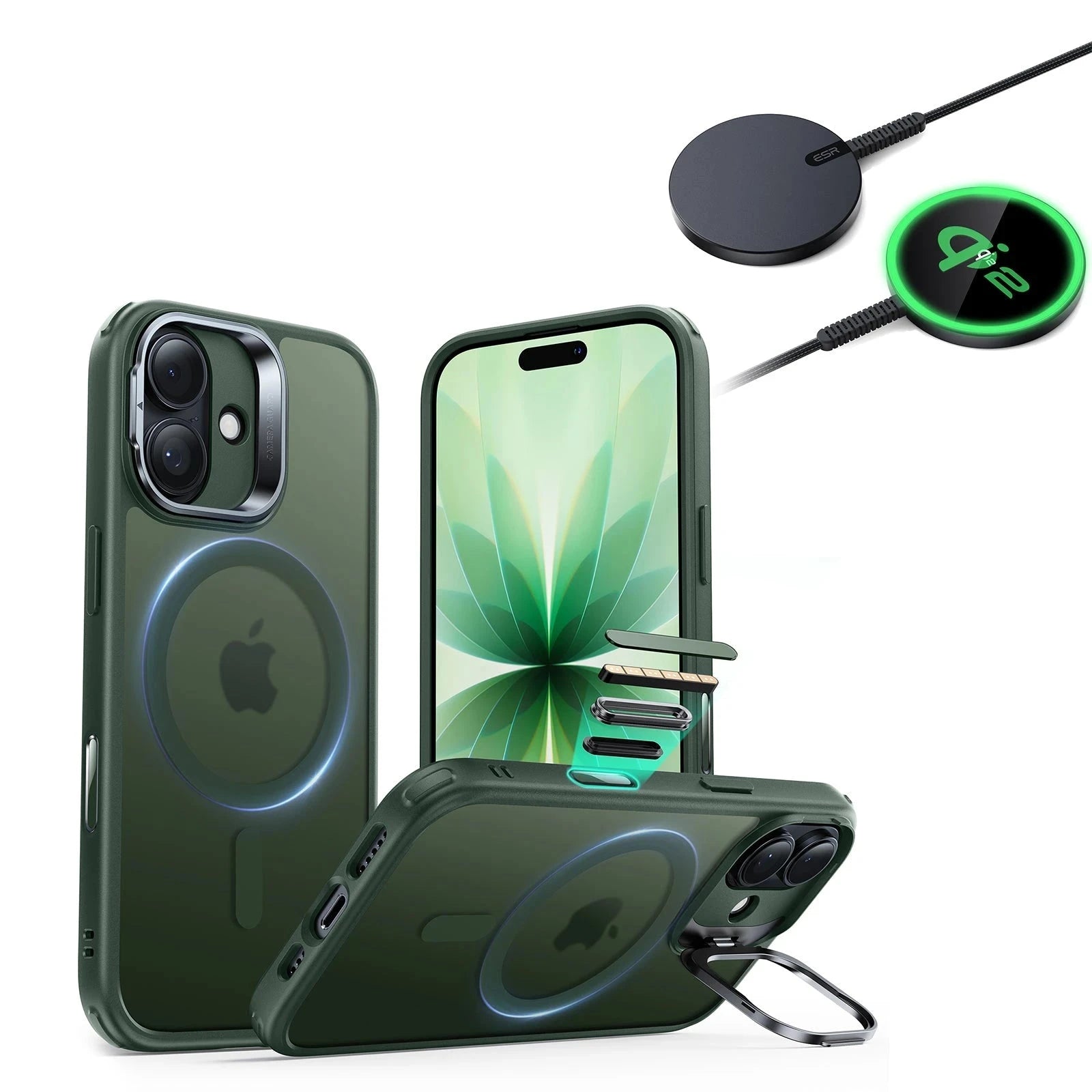 iPhone 17 Classic Hybrid Magsafe Case With Stand  and Qi2 Wireless Charger Froseted Green