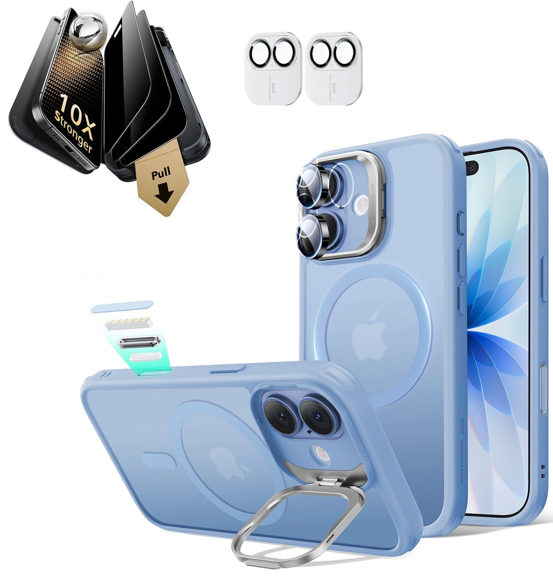 iPhone 17 Classic Hybrid Magsafe Case with Stand & Corning Glass Privacy Screen Protector Bundle Frosted Light Blue