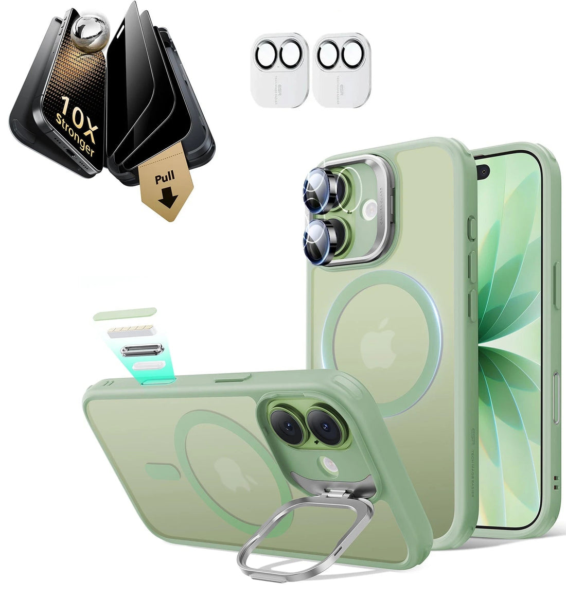 iPhone 17 Classic Hybrid Magsafe Case with Stand & Corning Glass Privacy Screen Protector Bundle Frosted Light Green