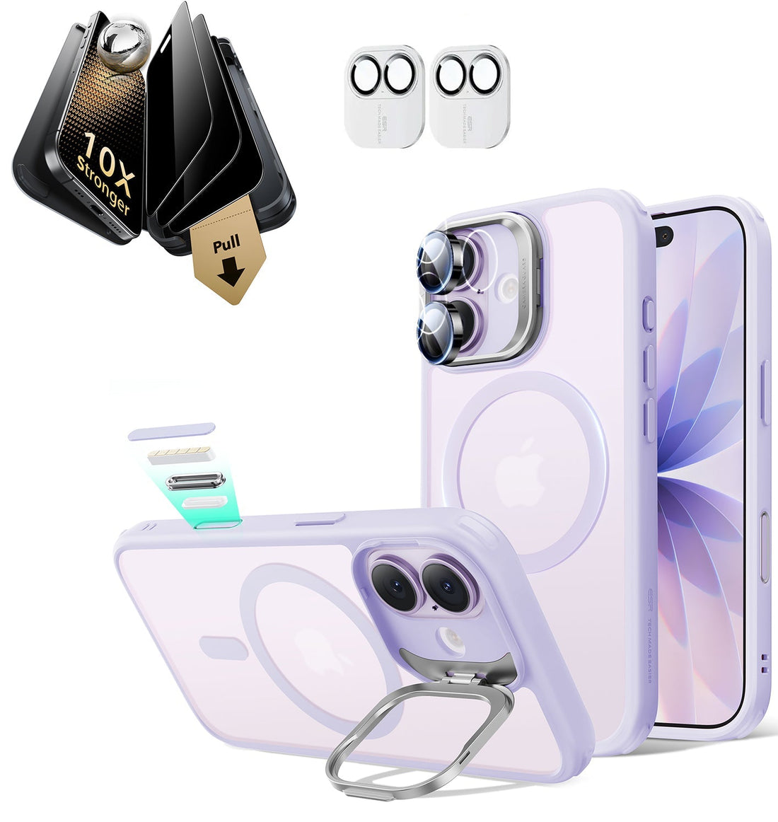 iPhone 17 Classic Hybrid Magsafe Case with Stand & Corning Glass Privacy Screen Protector Bundle Frosted Light Purple