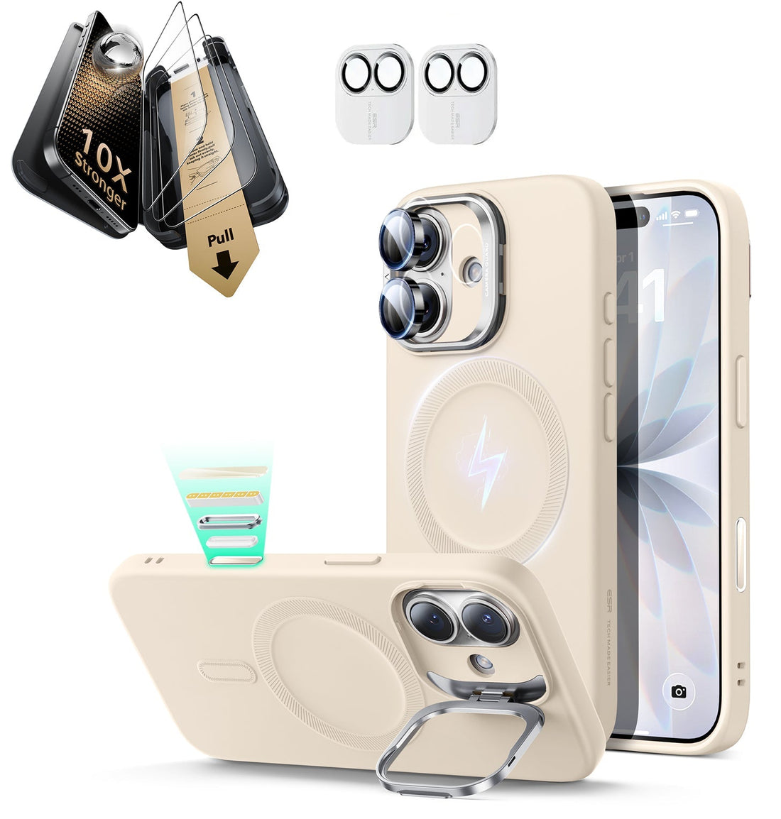 iPhone 17 Silicone Magsafe Case with Stand & Corning Glass Screen Protector Bundle Light Tan