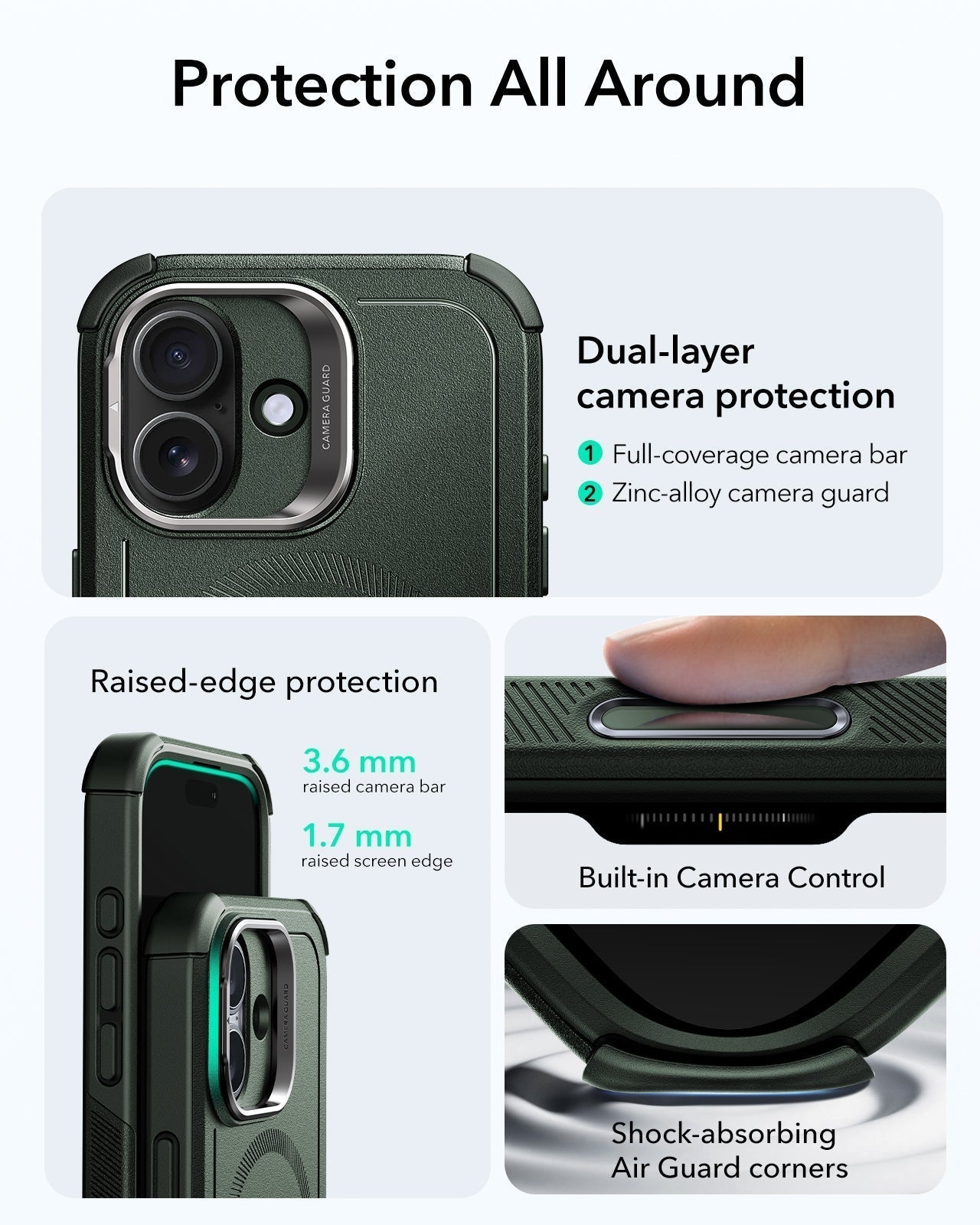 ESR iPhone 17 Cyber Tough Magsafe Case with Stand and Camera Control Green Raised Edge Protection