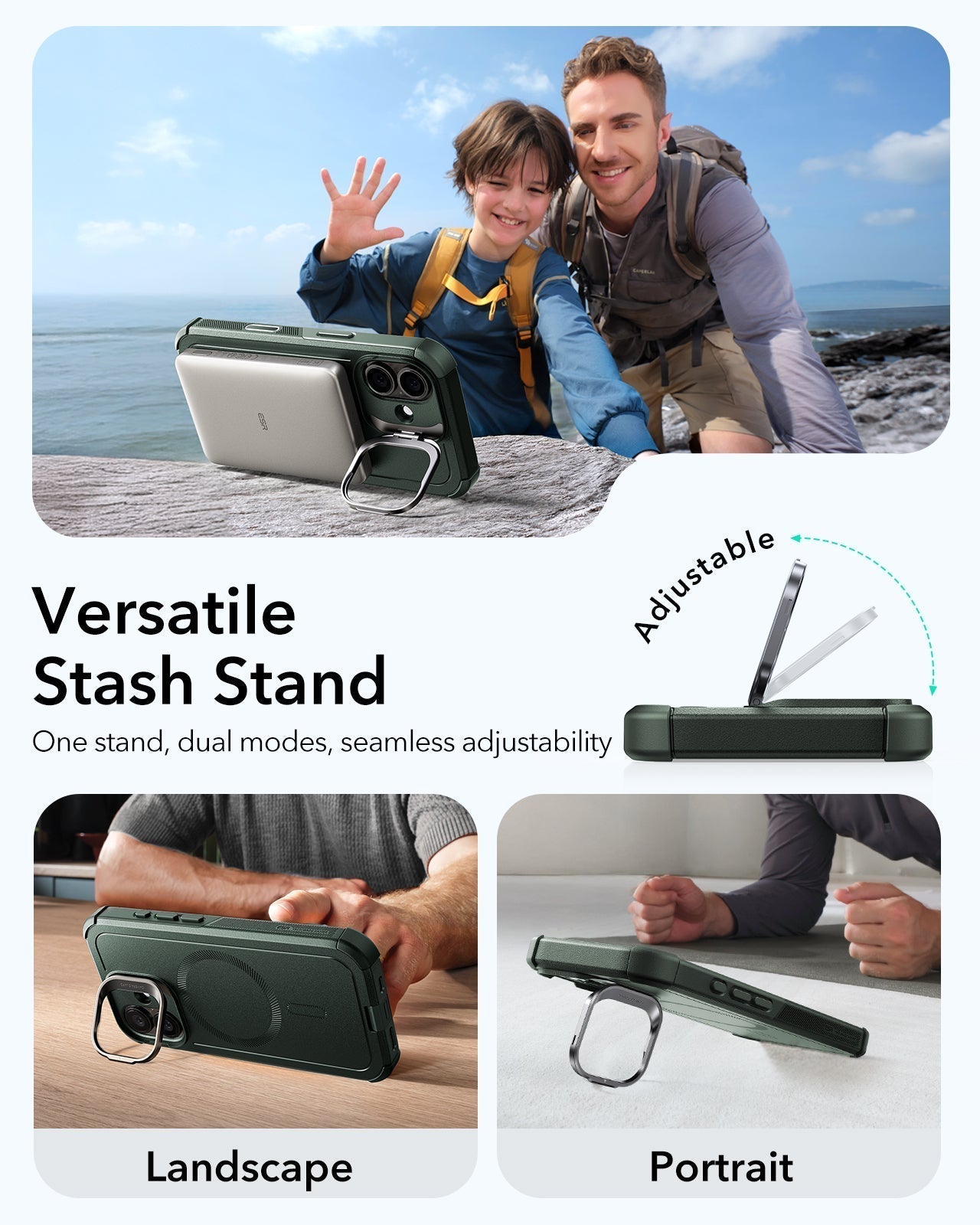 ESR iPhone 17 Cyber Tough Magsafe Case Camera Control Green Versatile Stash Stand