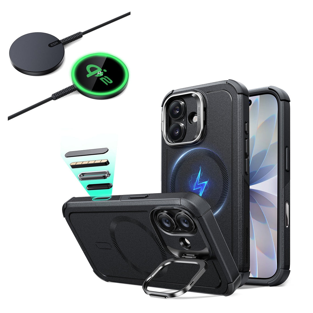 iPhone 17 Cyber Tough Magsfae Case with Stand and Qi2 wireless Charger Black