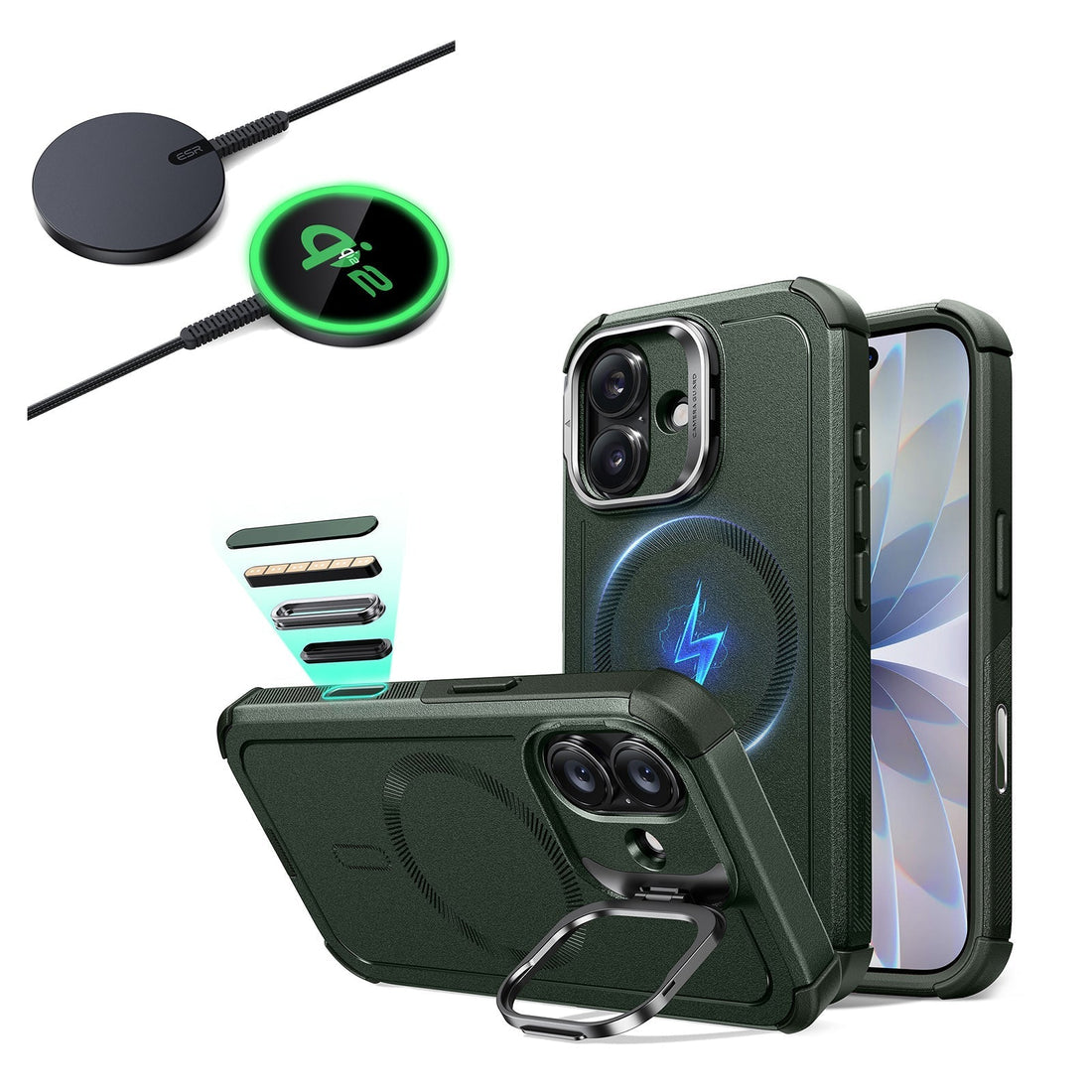 iPhone 17 Cyber Tough Magsfae Case with Stand and Qi2 wireless Charger Green