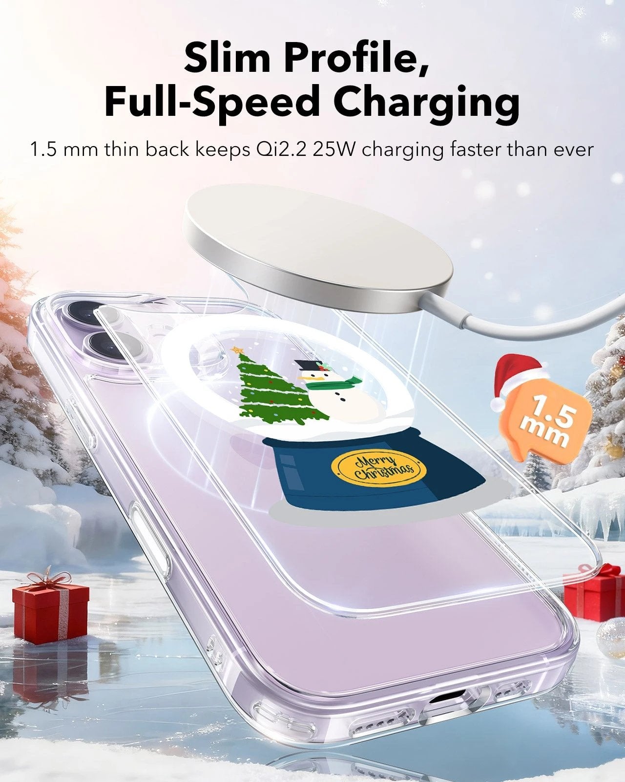 Print iPhone 17 Magsafe Case Clear Christmas Snow Globe Wireless Charging