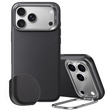 Black Vegan Leather iPhone 17 Pro Magsafe Case with Stand