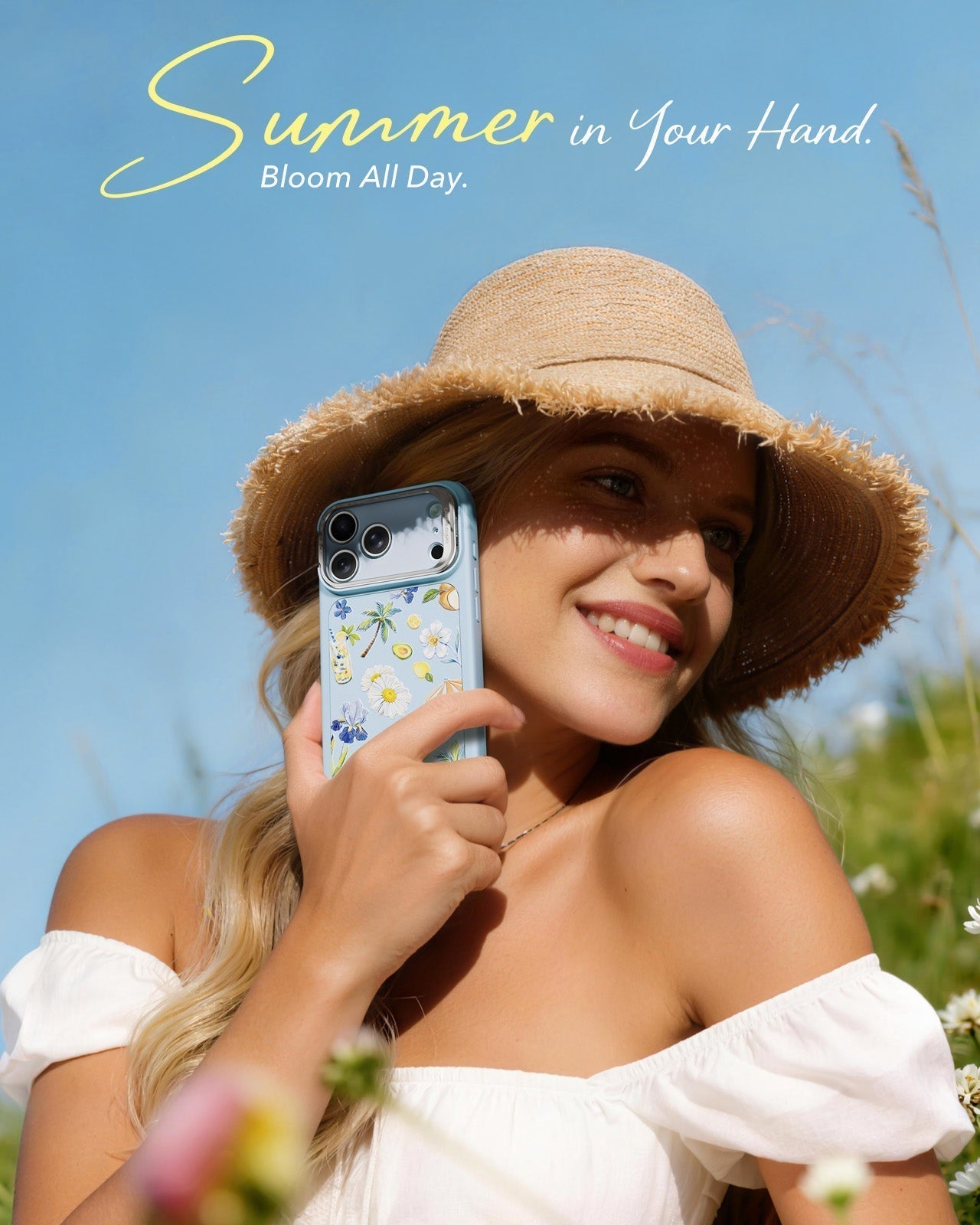 ESR Blue Floral iPhone 17 Pro Magsafe Case with Stand Summer in Your Hand Bloom All Day
