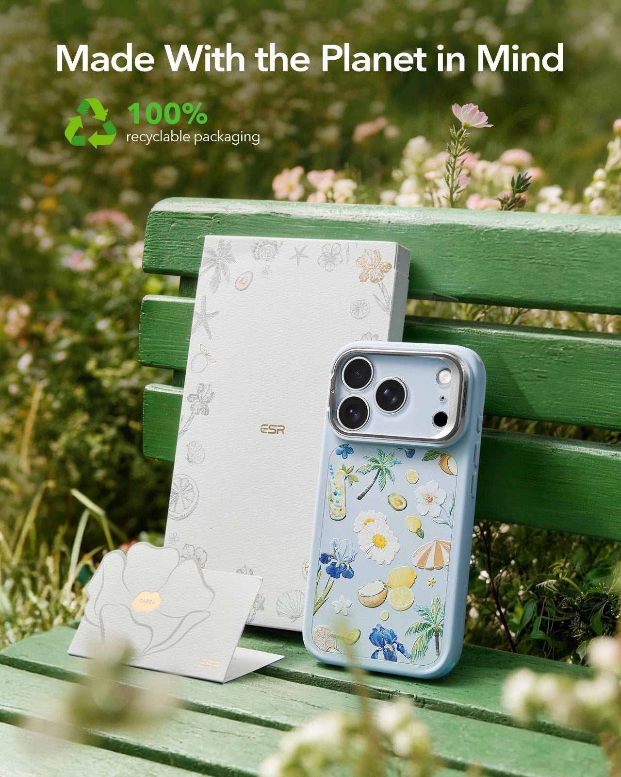 ESR Blue Floral iPhone 17 Pro Magsafe Case with Stand Made With the Planet in Mind