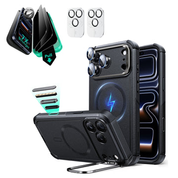 iPhone 17 Pro Cyber Tough Magsafe Case with Stand and Armorite Privacy Screen Protector Black