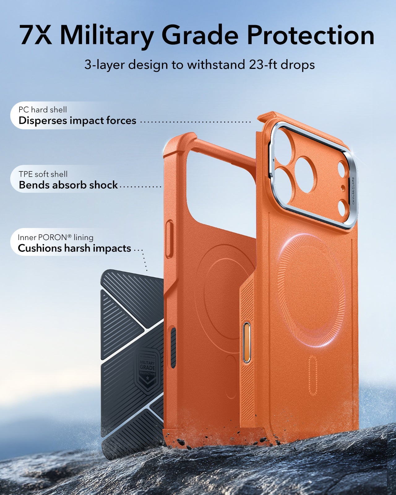 ESR iPhone 17 Pro Cyber Tough Magsafe Case with Stand and Camera Control Orange 7X Military Grade Protection