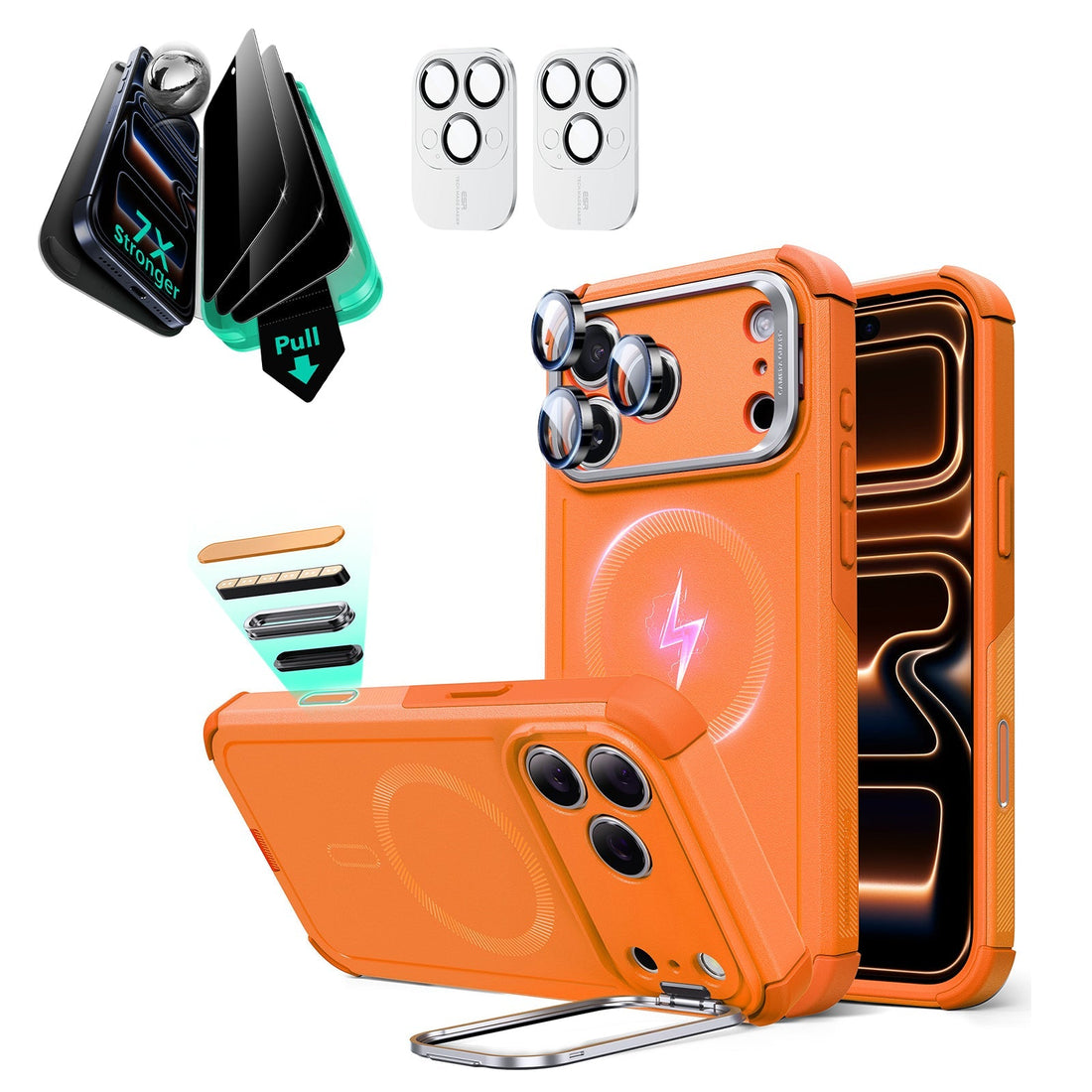 iPhone 17 Pro Cyber Tough Magsafe Case with Stand and Armorite Privacy Screen Protector Orange