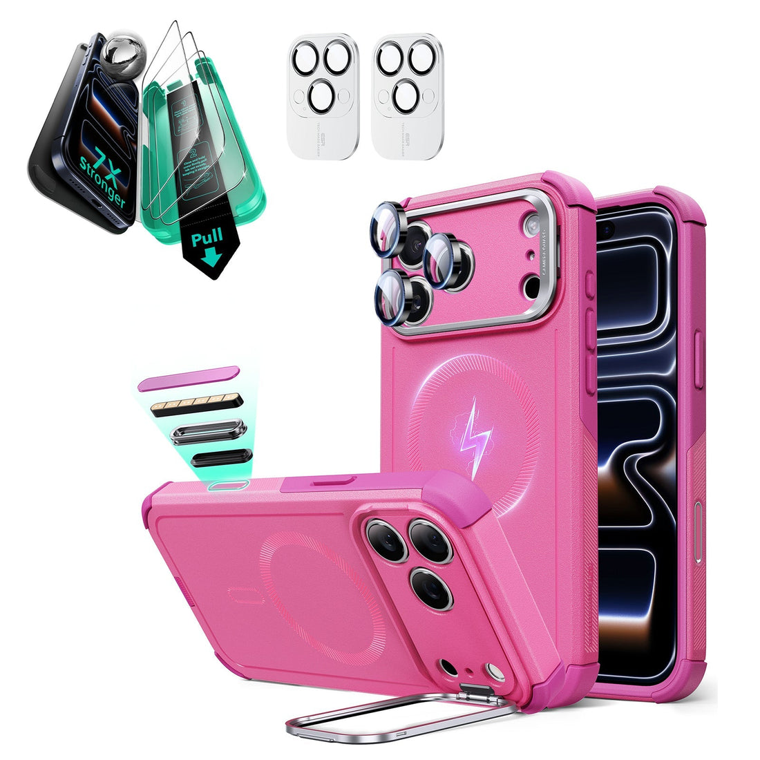 iPhone 17 Pro Cyber Tough Magsafe Case with Stand and Armorite Screen Protector Pink