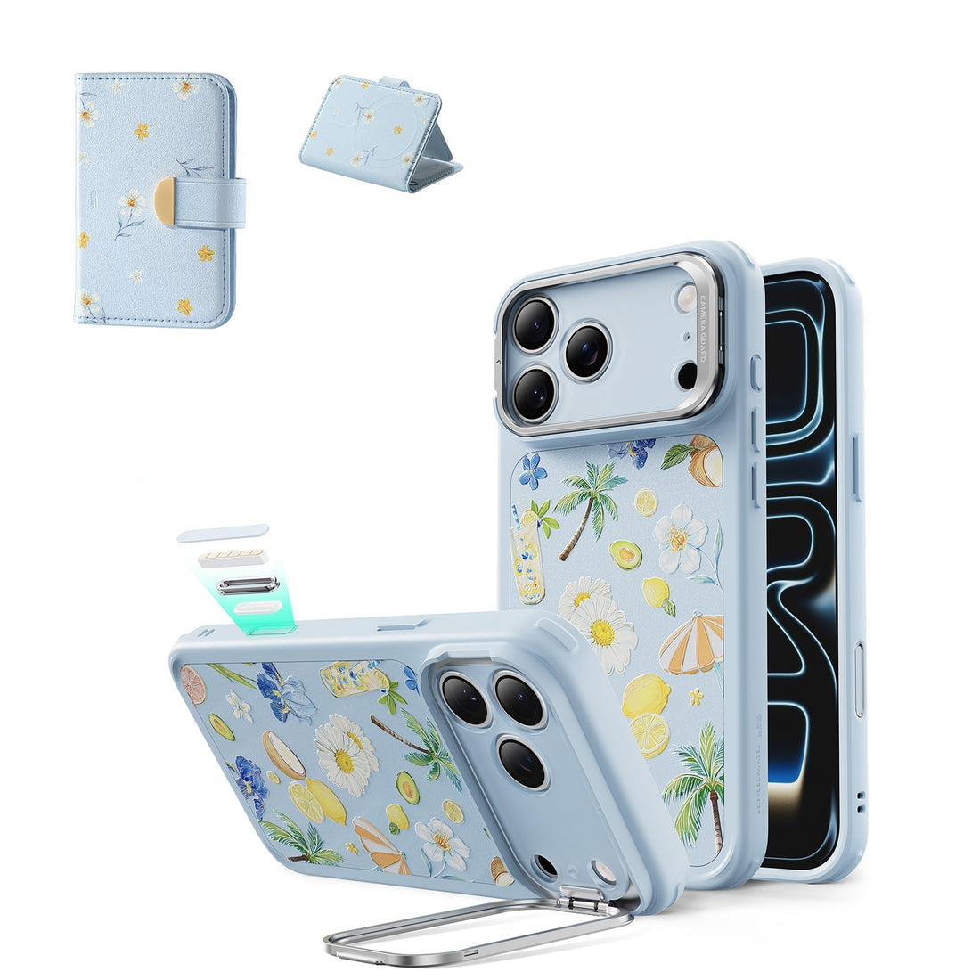 Blue Floral iPone 17 Pro Magsafe Case with Stand pair Aura Clutch MagSafe Wallet