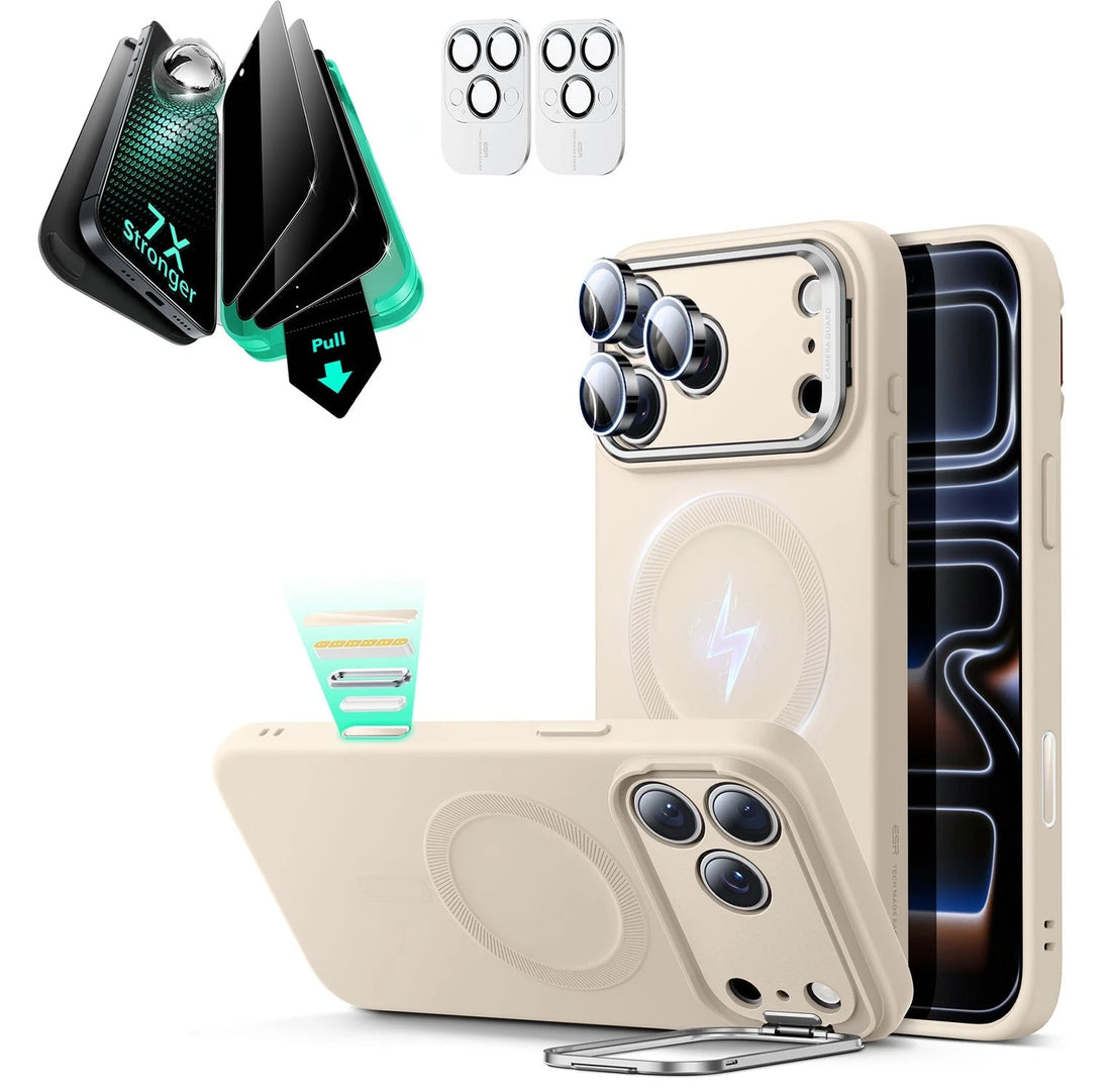 iPhone 17 Pro Cloud Soft Magnetic Case (Camera Control, Stash Stand) Armorite Privacy Protection Bundle - Light Tan ESR ESR