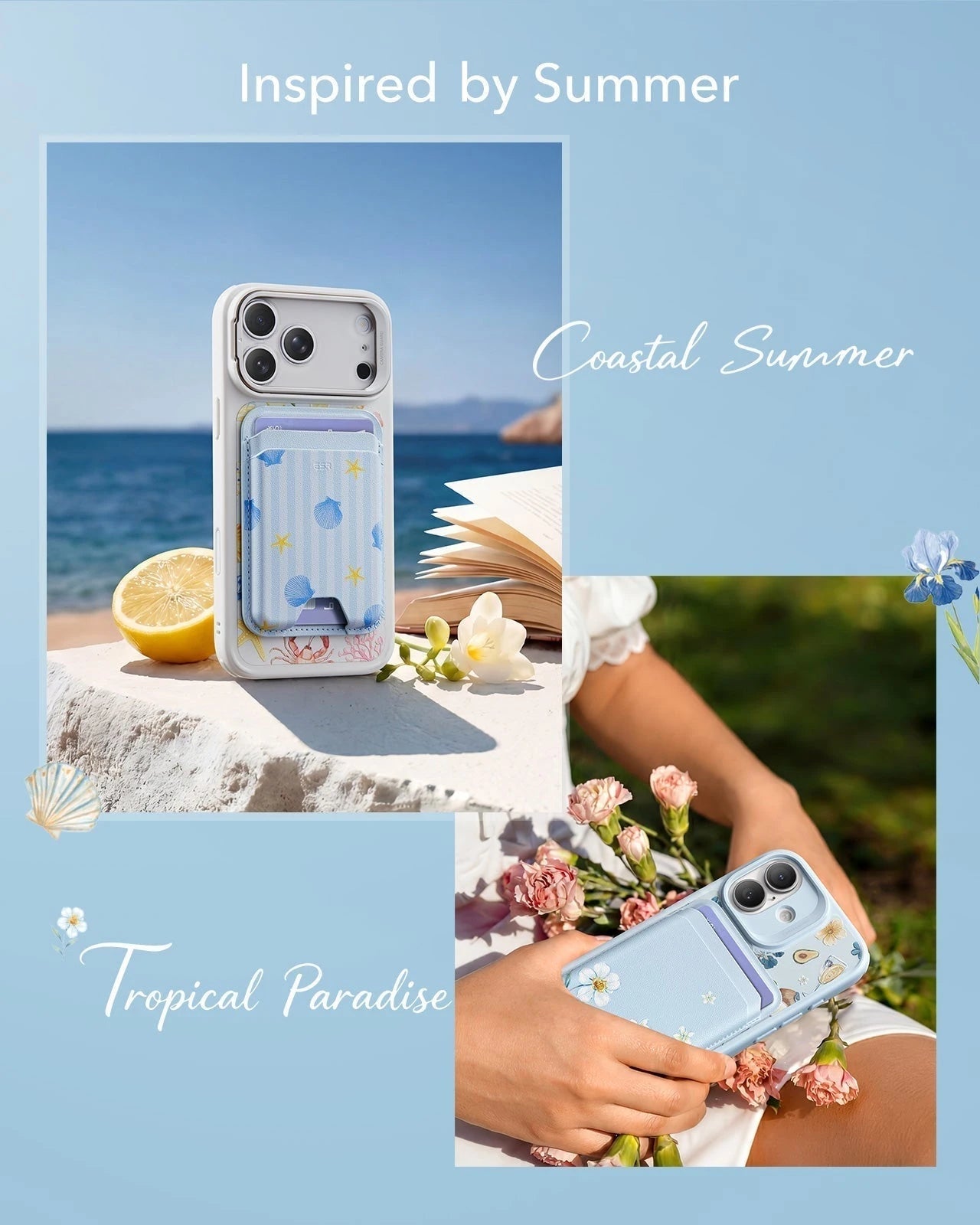 ESR Blue Floral iPone 17 Magsafe Case with Stand pair Slim MagSafe Wallet Inspired by Summer
