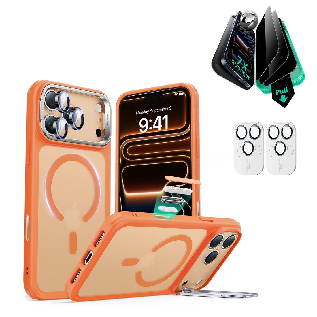 iPhone 17 Pro Max Classic Hybrid Magsafe Case with Stand and Privacy Screen Protector Bundle Frosted Orange