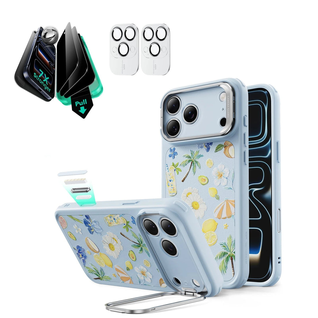 Blue Floral iPone 17 Pro Max Magsafe Case with Stand pair Armorite Tempered Glass Privacy Screen Protector