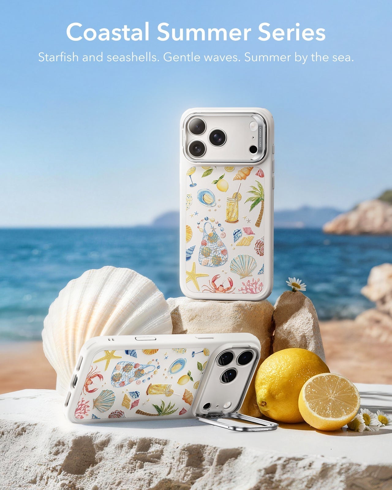 ESR White Ocean Shell iPhone 17 Pro Max Magsafe case with Stand Coastal Summer Series