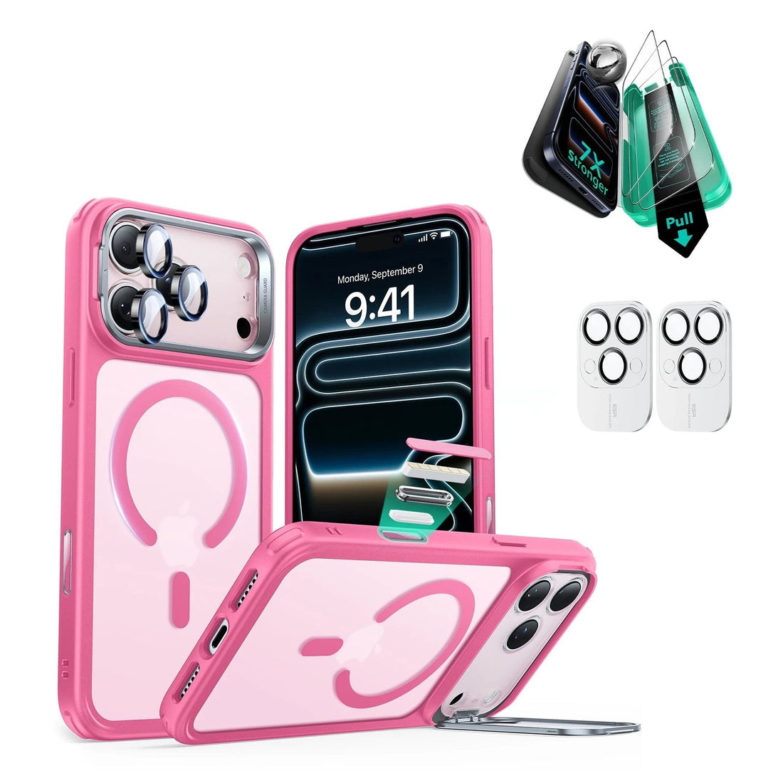 iPhone 17 Pro Max Classic Hybrid Magsafe Case Stand and Screen Protector Pink
