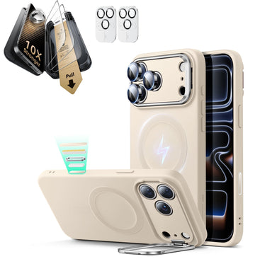 iPhone 17 Pro Max Silicone Magsafe Case with Stand & Corning Glass Screen Protector Bundle Light Tan