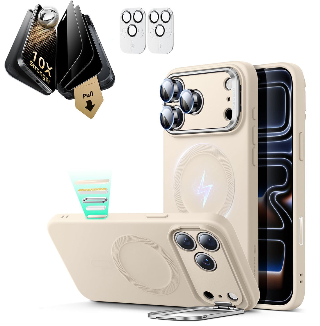 iPhone 17 Pro Max Silicone Magsafe Case with Stand & Corning Glass Privacy Screen Protector Bundle Light Tan