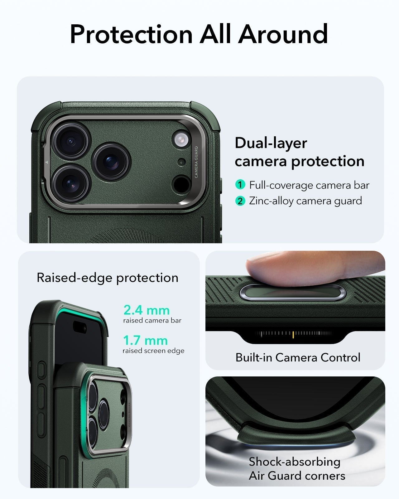 ESR iPhone 17 Pro Max Cyber Tough Magsafe Case with Stand and Camera Control Green Raised Edge Protection