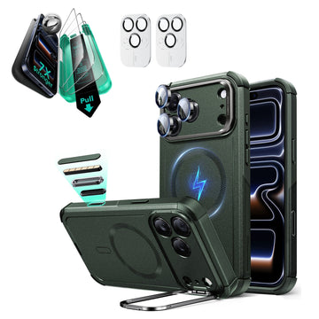 iPhone 17 Pro Max Cyber Tough Magsafe Case with Stand and Armorite Screen Protector Green