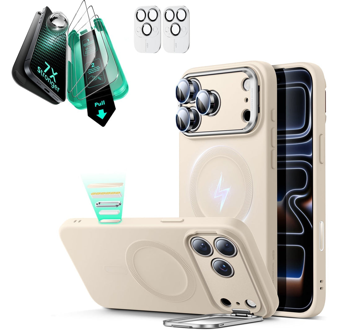 iPhone 17 Pro Max Silicone Magsafe Case with Stand & Armorite Screen Protector Bundle Light Tan