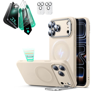 iPhone 17 Pro Max Silicone Magsafe Case with Stand & Armorite Screen Protector Bundle Light Tan