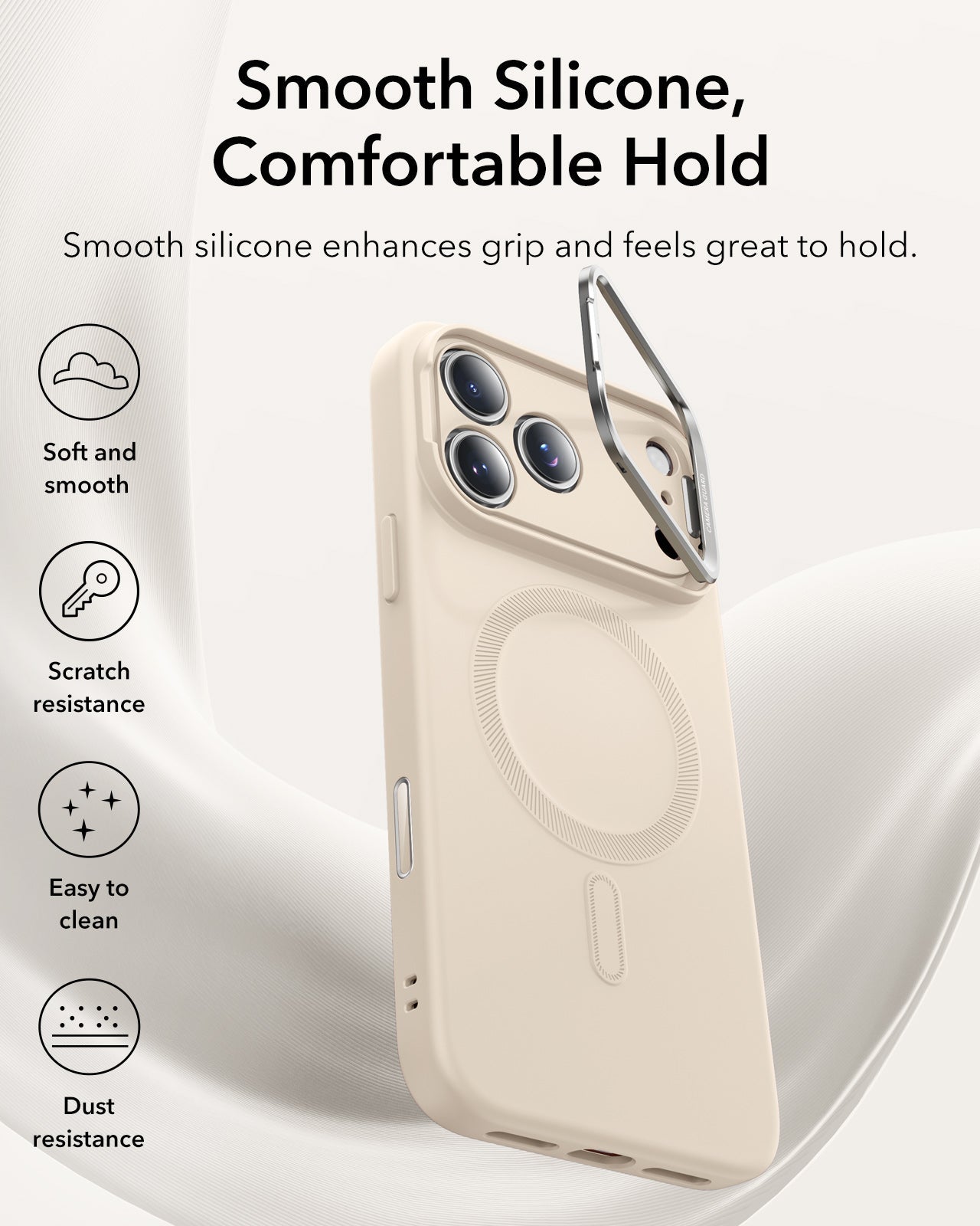 iPhone 17 Pro Max Cloud Soft Silicone Magsfae Case with Stand Light Tan Smooth Silicone, Comfortable Hold