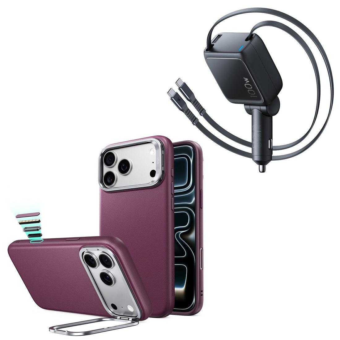 iPhone 18 Pro Atelier Vegan Leather Magnetic Case with Camera Control and Flex Stand, Plus Xtend 100W Retractable Car Charger Bundle - Deep Burgundy