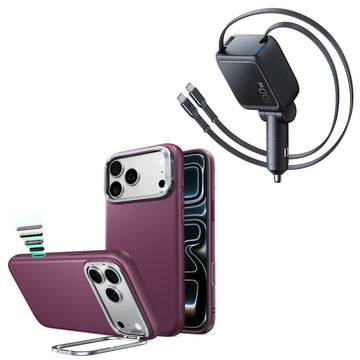 iPhone 18 Pro Atelier Vegan Leather Magnetic Case with Camera Control and Flex Stand, Plus Xtend 100W Retractable Car Charger Bundle - Deep Burgundy