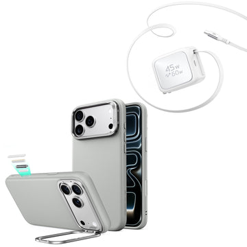iPhone 18 Pro Atelier Vegan Leather Magnetic Case with Camera Control and Flex Stand, Plus Xtend 45W Retractable Charger Bundle - Gray