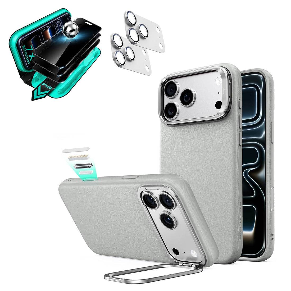 Gray Vegan Leather iPhone 18 Pro Magsafe Phone Case with Stand pair tempered glass privacy screen protector and camera lens protector