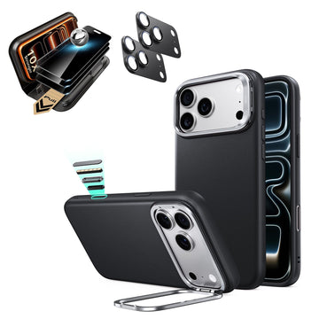 Black Vegan Leather iPhone 18 Pro Magsafe Phone Case with Stand pair corning glass privacy screen protector and camera lens protector