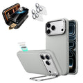Light Gray Vegan Leather iPhone 18 Pro Magsafe Phone Case with Stand pair corning glass privacy screen protector and camera lens protector